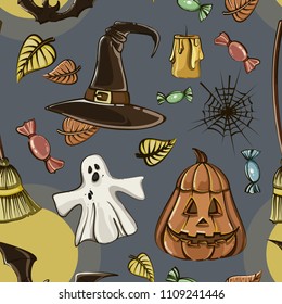Happy Halloween hand drawn pattern with design elements. Vector illustration, EPS 10
