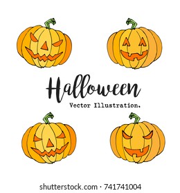 Happy Halloween hand drawn pumpkin set in cartoon style. Halloween doodle lantern decorative elements for poster or flyer design. Isolated Vector Pumpkin illustration on white background