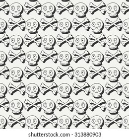 Happy Halloween. Hand drawn seamless pattern with skulls. Trick or treat. Wrapping paper. Scrapbook paper. Doodles style. Tiling. Vector illustration. Background. Stylish graphic texture.