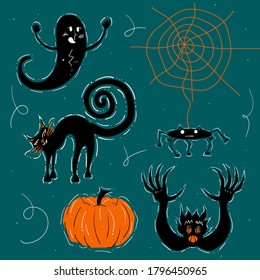 Happy Halloween hand drawn set with scary ghost, cat, monster, pumpkin and cute funny spider. Stock vector illustration for banner, poster, greeting card, party invitation. Dark background.