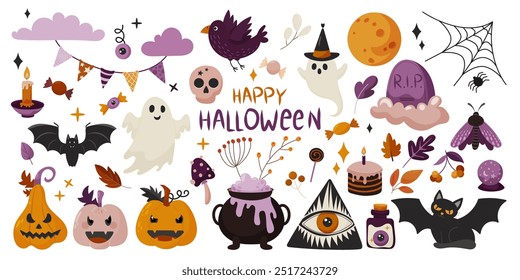 Happy Halloween hand drawn set individual elements. Spook, fall leaves, mushroom, cat, bird, mot, bat, candy, branches, pumpkin. Harvest time. Colored trendy vector illustration. Autumn stickers