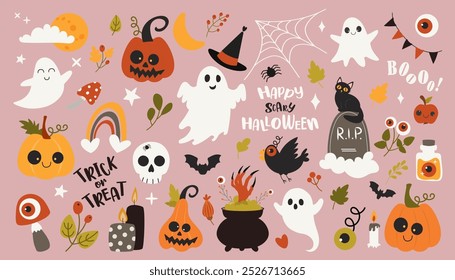 Happy Halloween hand drawn set individual elements. Spook, fall leaves, mushroom, cat, bird, moth, bat, candy, branches, pumpkin. Colored trendy vector illustration. Autumn stickers