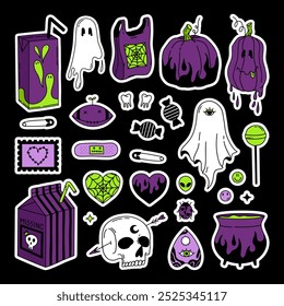 Happy Halloween hand drawn sticker pack. Vector stickers in violet, purple, green colors. Scary doodles. Ghost, pumpkin, scarecrow, juice, skull, plastic bag, teeth, witch, heart, eye