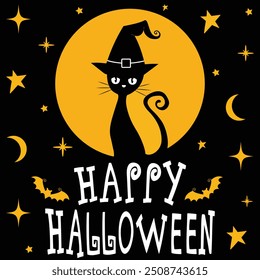 Happy Halloween hand drawn text. Black cat in witch hat on yellow moon. Flat design on black background. Bats and stars. Halloween hand drawn magic cat. Vector.