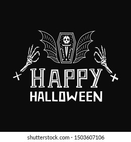 Happy Halloween hand drawn vector lettering phrase with Skull coffin vampire and bat. Black background.