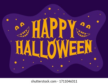 Happy Halloween. Hand drawn vector greeting text isolated on purple background with funny ghost faces and orange dots