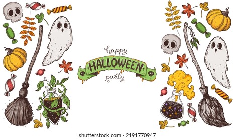 Happy Halloween. Hand drawn vector illustration. Halloween decoration design template. Pumpkin, ghost, broomstick, potion, skull, autumn leaf. Cartoon doodle collection.