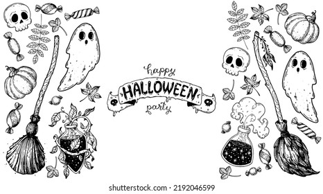 Feliz Halloween. Ilustración vectorial dibujada a mano. Plantilla de diseño de decoración de Halloween. Calabaza, fantasma, broomstick, poción, cráneo, sketch de hojas de otoño. Colección Doodle.