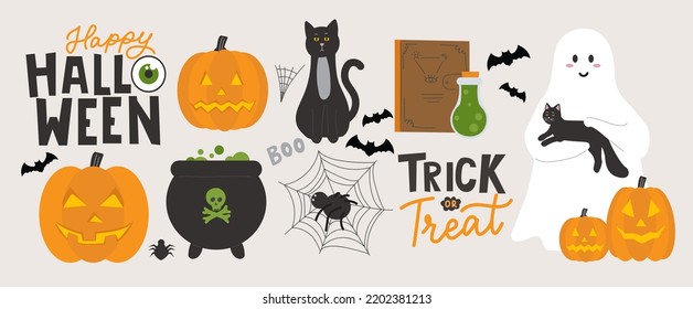 Frohe Halloween handgezeichnete Vektorelemente und Zeichen gesetzt. Flatstyle Set für Urlaubskarte, Banner, Aufkleber etc. Halloween Geist, Katze, Zauberbuch, Kürbis, Fledermaus, Spinne etc. 