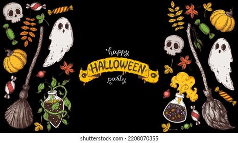 Happy Halloween. Hand drawn vector illustration. Halloween decoration design template. Pumpkin, ghost, broomstick, potion, skull, autumn leaf. Cartoon doodle collection.