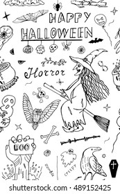 Happy Halloween Hand Drawn Vector Pattern. Detailed Freehand Holiday seamless background with Horror Sketch elements. Impression Handmade Doodles: Welcome to Scary Party. Drawing Illustration.