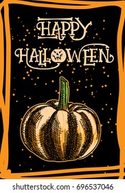 Happy Halloween hand drawn vector lettering. Holiday handmade calligraphy with pumpkin for banner, poster, greeting card. Party invitation on black background and orange frame with sparkles. Vector.