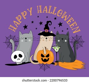 Happy Halloween - Hand drawn witch cats, and spooky skull, pumpkin, and potion on broom. Islolated on purple background. 
