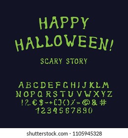 "Happy Halloween" Hand Lettered Holiday Banner Design on a Dark Background. Vector Illustration. Vintage Halloween Typography. Hand Drawn Halloween Alphabet. Vintage Halloween Original Typeface. 