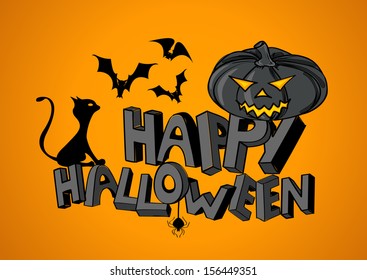 Happy Halloween hand lettering with bats, cat, spider and pumpkin