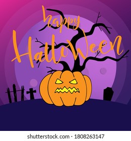 Happy Halloween hand lettering calligraphy text with pumpkin for holiday greeting card., banner or wallpaper. Vector 10 EPS