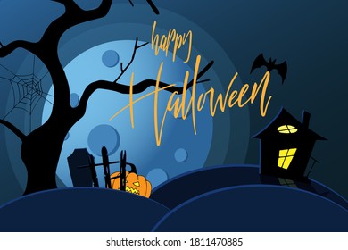 Happy Halloween hand lettering calligraphy text with pumpkin for holiday greeting card., banner or wallpaper. Vector 10 EPS