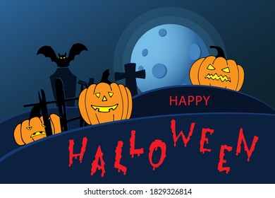 Happy Halloween hand lettering calligraphy text with pumpkin for holiday greeting card., banner or wallpaper. Vector 10 EPS