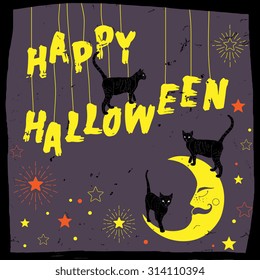 "Happy Halloween" hand lettering with crescent moon, cats and stars. Grunge effect in separate layer