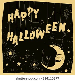 "Happy Halloween" hand lettering with crescent moon, cats and stars. Grunge effect in separate layer