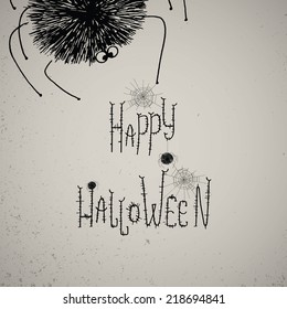 Happy Halloween hand lettering with large fluffy spider. Typographic design  with cobwebs and spiders on the vintage background.