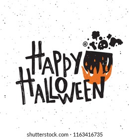 Happy Halloween. Hand lettering poster. Vector illustration of hellish boiler, flame, skull, leg