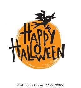 Happy halloween. Hand lettering poster. Illustration of raven. Greeting card