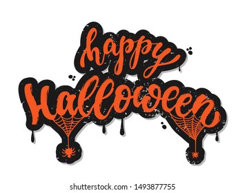 'Happy Halloween' hand lettering quote decorated with web and spiders on white background. Perfect for posters, banners, prints, greeting cards, signs, labels, stickers, etc. EPS 10