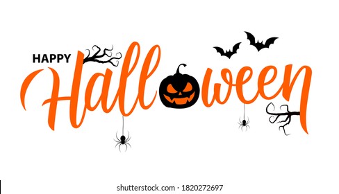 Happy Halloween hand lettering with scary pumpkin and traditional halloween spooky symbols. Creative design for holiday greetings, party invitations. Vector illustration.