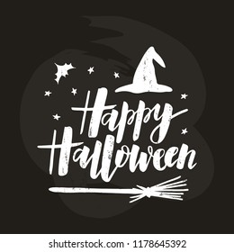 Happy Halloween - hand lettering. Template for greeting card, party invitation, banner, postcard, poster. Celebration lettering typography poster. Vector illustration on textured background