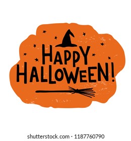 Happy Halloween - hand lettering. Template for greeting card, party invitation, banner, postcard, poster. Celebration lettering typography poster. Vector illustration on textured orange background.