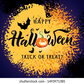Happy Halloween hand lettering text on textured background with night moon and bats. Good for greeting card, Halloween party invitation, banner, postcard, poster template. Vector illustration.