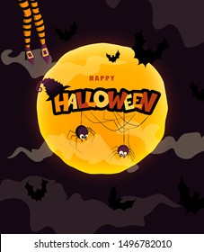 Happy Halloween hand lettering text with moon, spiders, witch hat and legs, bats. Good for greeting card, Halloween party invitation, banner, postcard, poster template. Vector illustration.