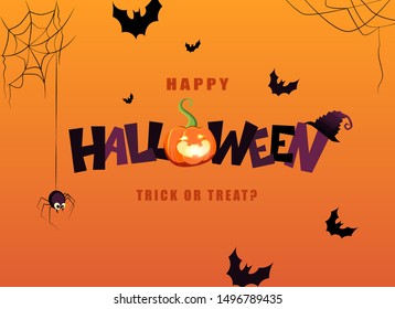 Happy Halloween hand lettering text with pumpkin and bats. Good for greeting card, Halloween party invitation, banner, postcard, poster template. Vector illustration.