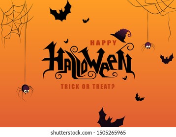 Happy Halloween hand lettering text with spiders. Good for greeting card, Halloween party invitation, banner, postcard, poster template. Vector illustration.