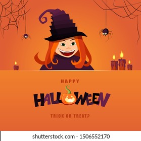 Happy Halloween hand lettering text. Witch character with spiders and candles. Good for greeting card, Halloween party invitation, banner, postcard, poster template. Vector illustration.