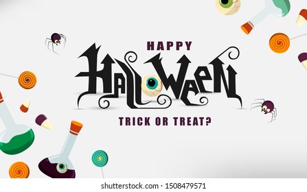 Happy Halloween hand lettering text with candies and spiders. Good for greeting card, Halloween party invitation, banner, postcard, poster template. Vector illustration.