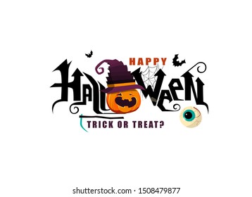 Happy Halloween hand lettering text with pumpkin and bats. Good for greeting card, Halloween party invitation, banner, postcard, poster template. Vector illustration.