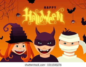 Happy Halloween hand lettering text. Witch and devil characters with spiders and candles. Good for greeting card, Halloween party invitation, banner, postcard, poster template. Vector illustration.