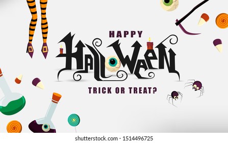 Happy Halloween hand lettering text with candies and spiders. Good for greeting card, Halloween party invitation, banner, postcard, poster template. Vector illustration.