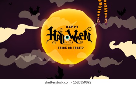 Happy Halloween hand lettering text with moon,  witch's legs, bats. Good for greeting card, Halloween party invitation, banner, postcard, poster template. Vector illustration.