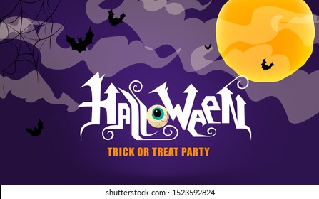 Happy Halloween hand lettering text with moon,  witch's legs, bats. Good for greeting card, Halloween party invitation, banner, postcard, poster template. Vector illustration.