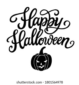 Happy Halloween. Hand lettering text with Halloween pampkin isolated on white background. Vector typography for party decorations, posters, greeting cards, banners, labels