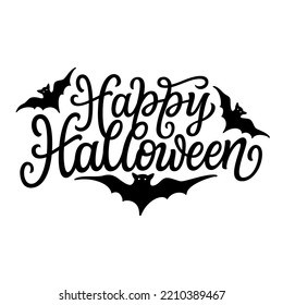 Happy Halloween. Hand lettering text with bat silhouettes isolated on white background. Vector typography for posters, cards, banners, t shirts