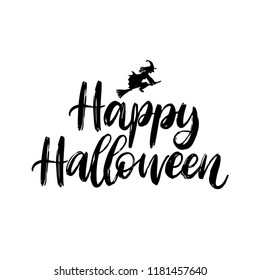 Happy Halloween, hand lettering. Vector illustration of witch on white background.  Design concept for party invitation, greeting card, poster.