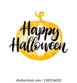 Happy Halloween, hand lettering. Vector illustration of pumpkin on white background.  Design concept for party invitation, greeting card, poster.