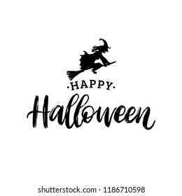Happy Halloween, hand lettering. Vector illustration of witch on broom.  Design concept for party invitation, greeting card, poster.