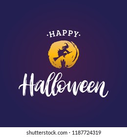 Happy Halloween, hand lettering. Vector illustration of flying witch on broom against a full Moon.  Design concept for party invitation, greeting card, poster.