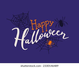 Happy Halloween, hand lettering vector group. Vector illustration of spooky spiderweb, jack-o-lantern, bats. For party invitation, greeting card, and poster.