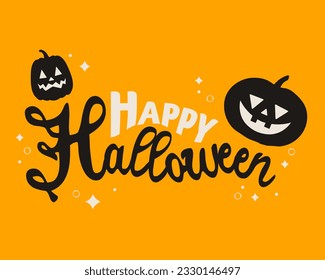 Happy Halloween, hand lettering vector group. Vector illustration of spooky spiderweb, jack-o-lantern, bats. For party invitation, greeting card, and poster.